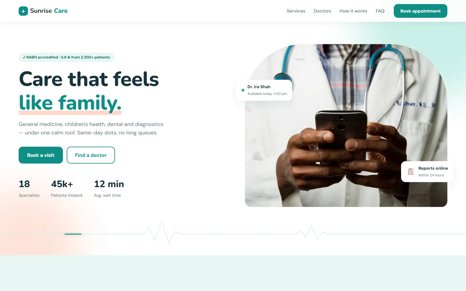 Clinic website home page with the headline "Care that feels like family." and a book-a-visit button