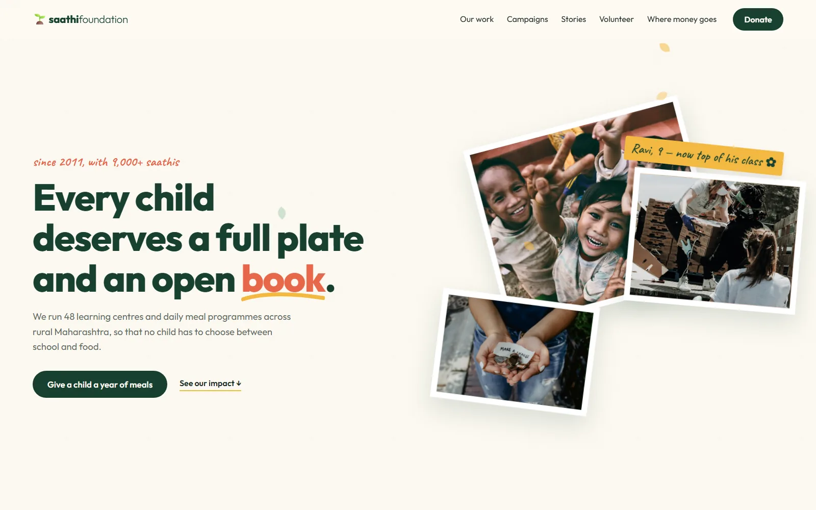 NGO website home page with the headline "Every child deserves a full plate and an open book" and a donate button