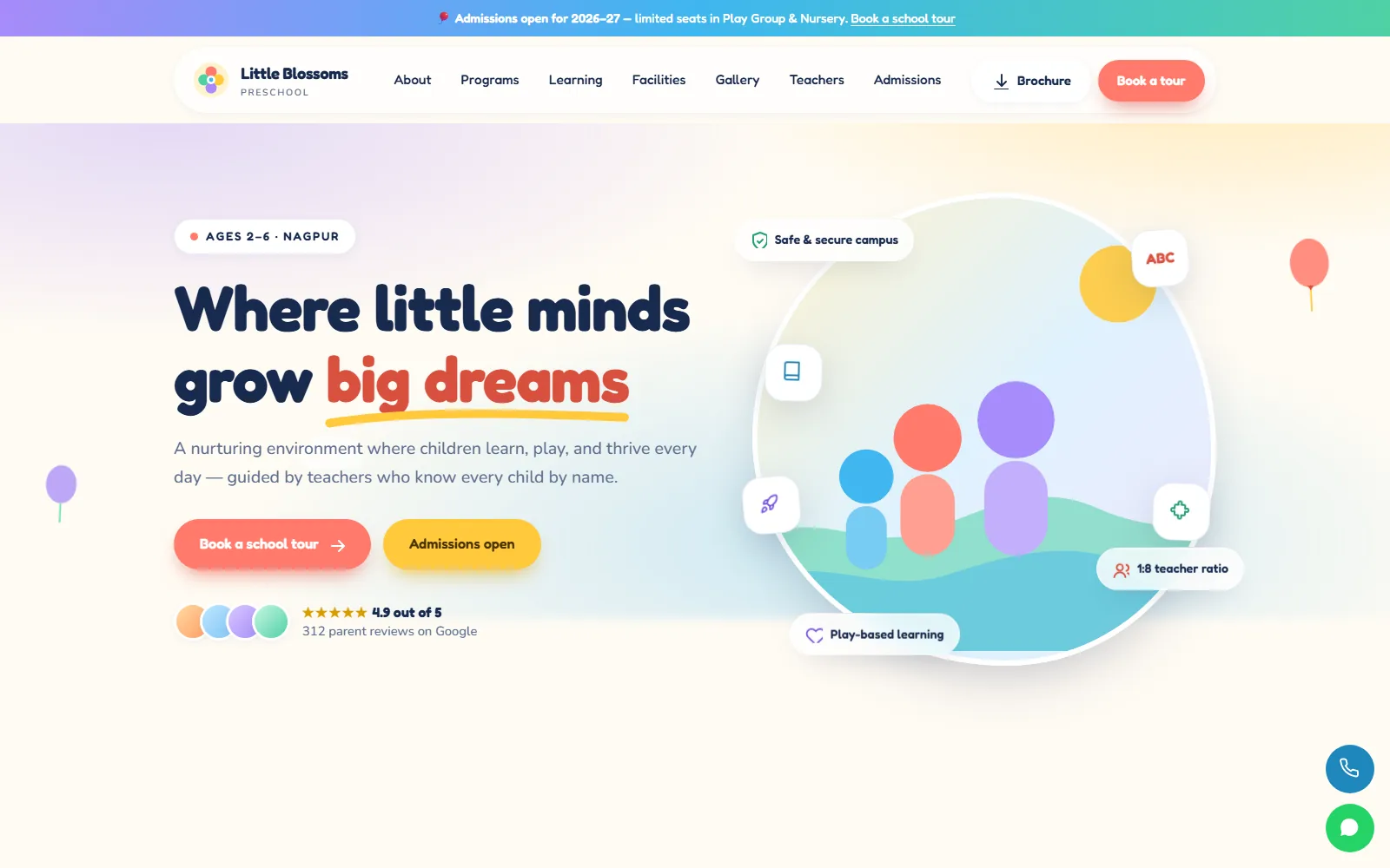 Preschool website home page with the headline "Where little minds grow big dreams" and a school-tour booking button